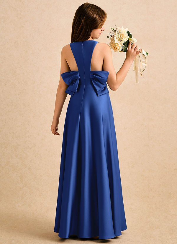 Azazie Nisha Girls Formal Blomsterpigekjoler A-Line Plisseret Stræk satin Gulv-længde Kjole image1