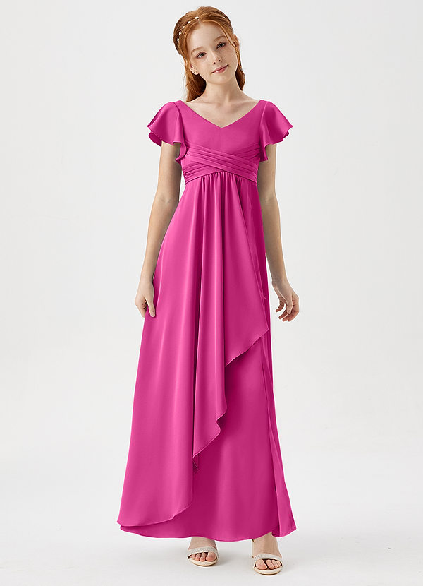 Azazie Omari Junior Fuchsia A-Line Pleated Stretch Satin Dress image1