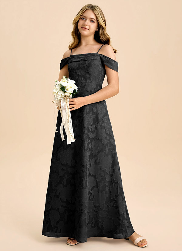 Azazie Anselie Junior Jurk van Bloemen Burn-out met A-Lijn Off the Shoulder Zwart image1