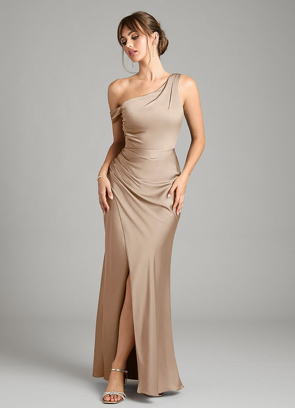 Azazie Madelyn Bridesmaid Dresses Taupe Mermaid One Shoulder Stretch Satin Convertible Dress image1