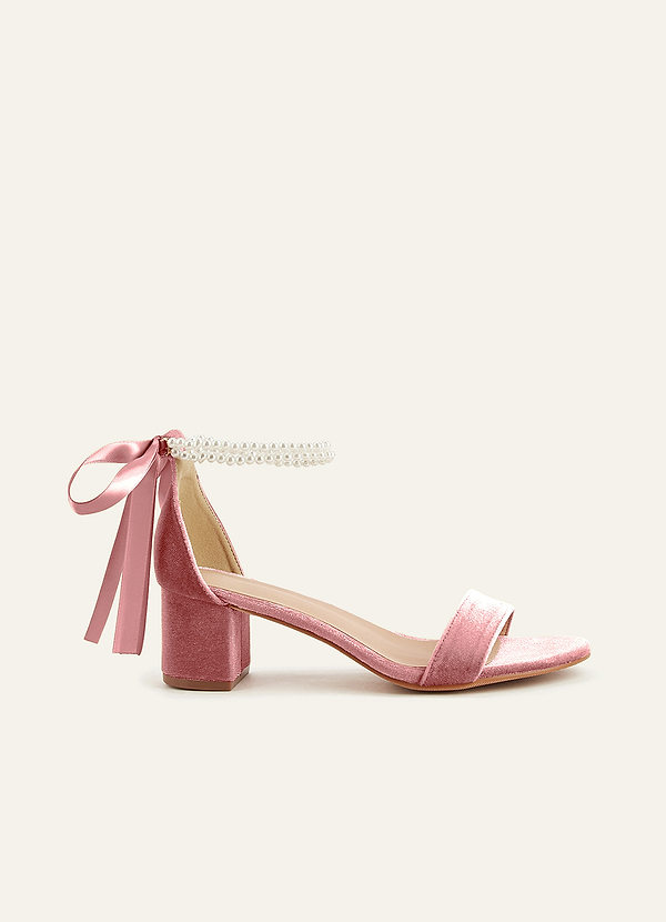 front Matching Color Velvet Pearl Strap Block Heel Sandals