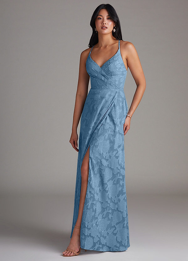 Azazie Davis Brautjungfernkleider A-Linie Plissee Blumen-Burnout Kleid Stahlblau image1