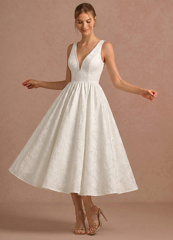 Roxanna Wit Jacquard midi A-lijn jurk met vetersluiting op de rug, perfect voor een afstudeerfeest. image1