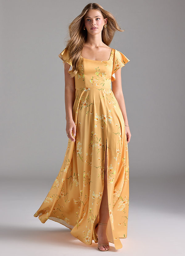 Azazie Bondi Bridesmaid Dresses Golden Blooms A-Line Bow Stretch Satin Dress image1