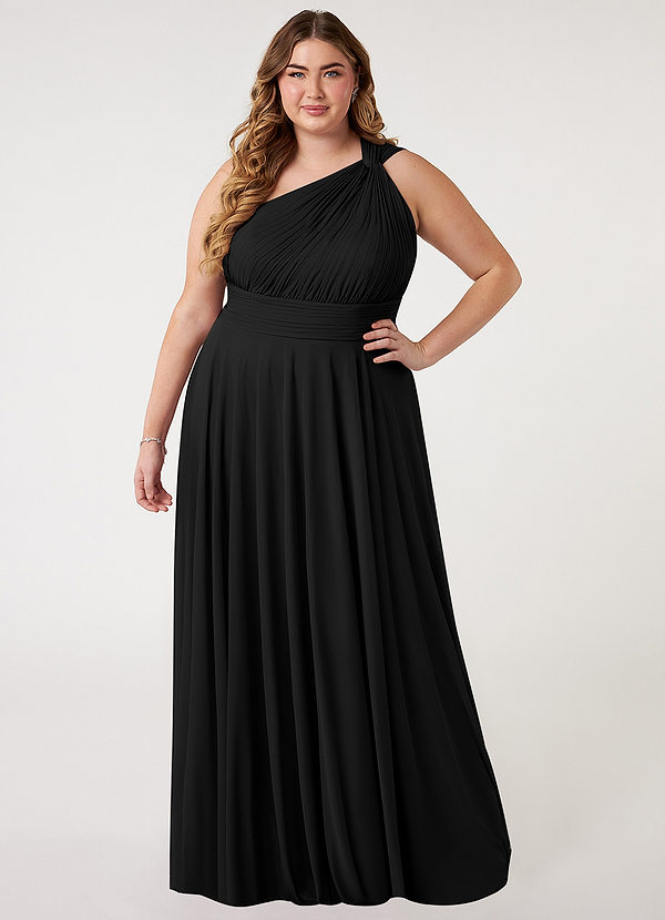 Azazie Charlize Bridesmaid Dresses Black A-Line One Shoulder Mesh Dress image1