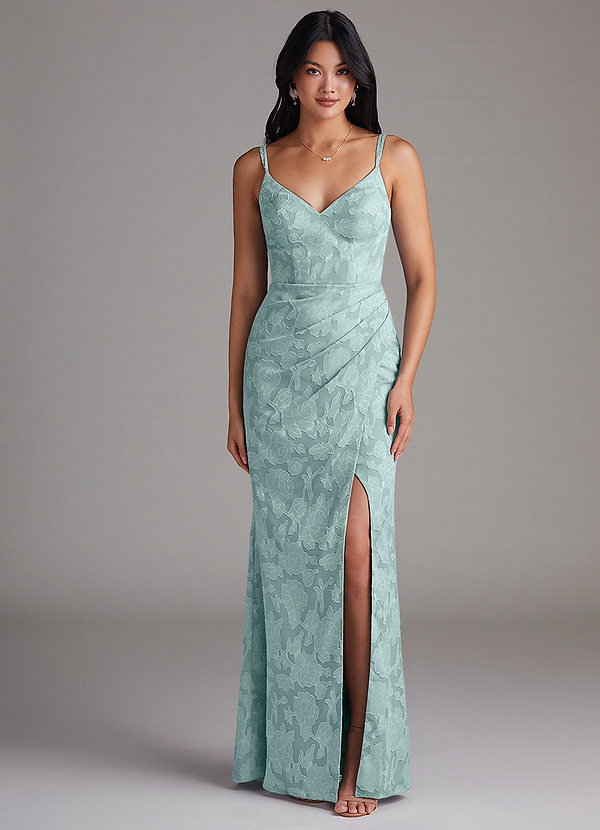 Azazie Leo Bridesmaid Dresses Mist Sheath Pleated Floral Burnout Dress image1