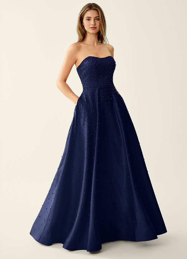 Victormen Navy Beading Rhinestone Satin Prom Dress image1