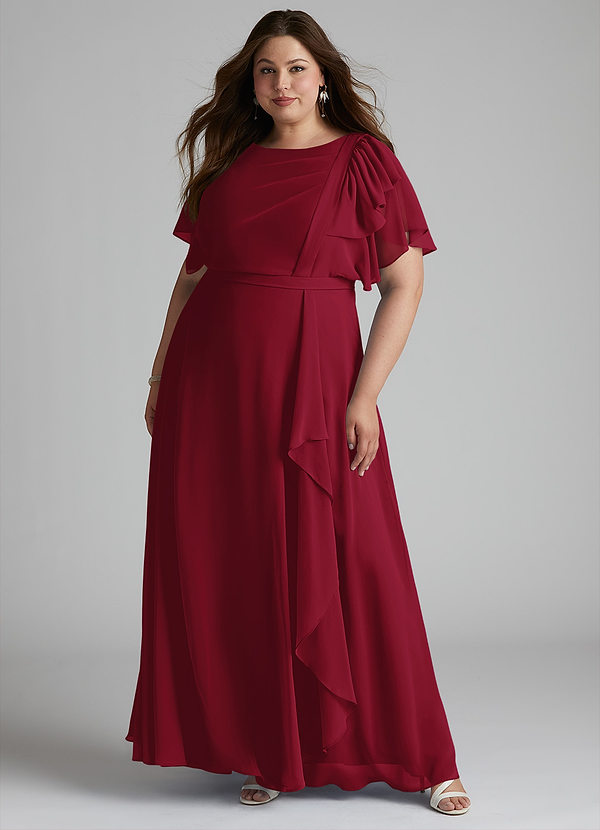 Azazie Aaliyah Modest Bridesmaid Dresses A-Line Scoop Pleated Chiffon Floor-Length Dress image1