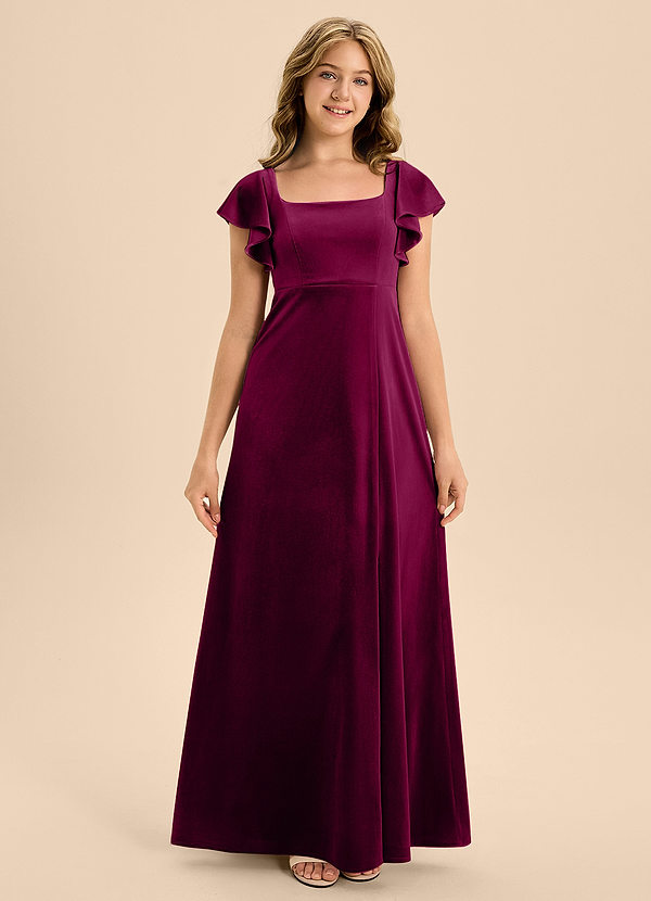 Azazie Bondi Junior Brick Red A-Line Bow Velvet Dress image1