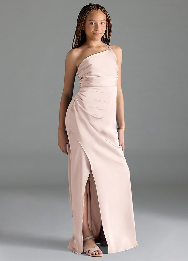 Azazie Eren Junior Blushing Pink Sheath Pleated Stretch Satin Dress image1