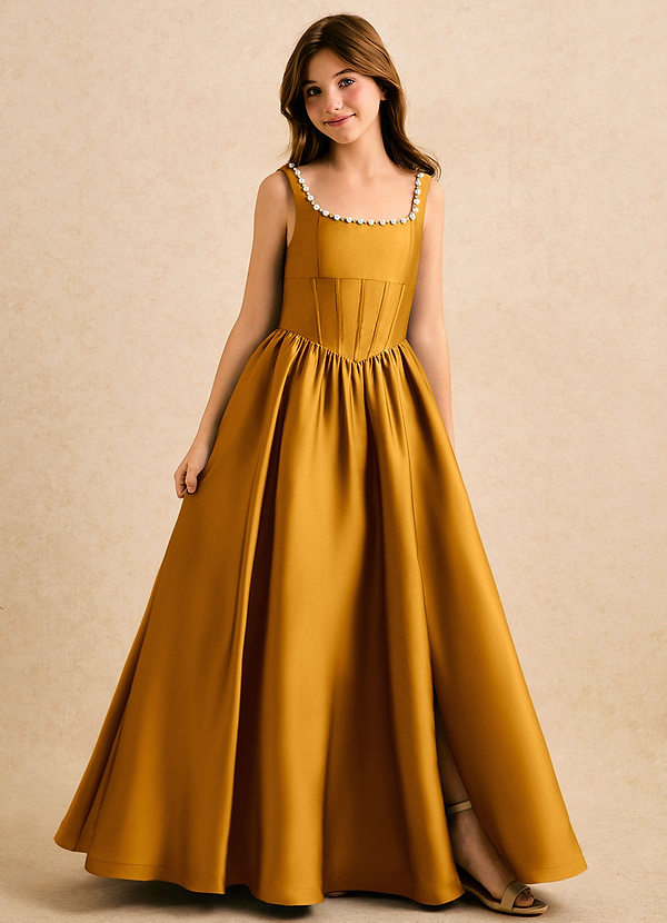 Azazie Enid Girls Formal Blomsterpigekjoler A-Line Perlebesat Stræk satin Gulv-længde Kjole image1