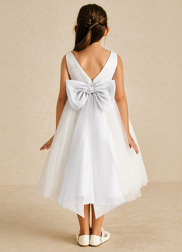 Azazie Kavi Flower Girl Dresses Ivory White A-Line Bow Matte Satin Dress image1