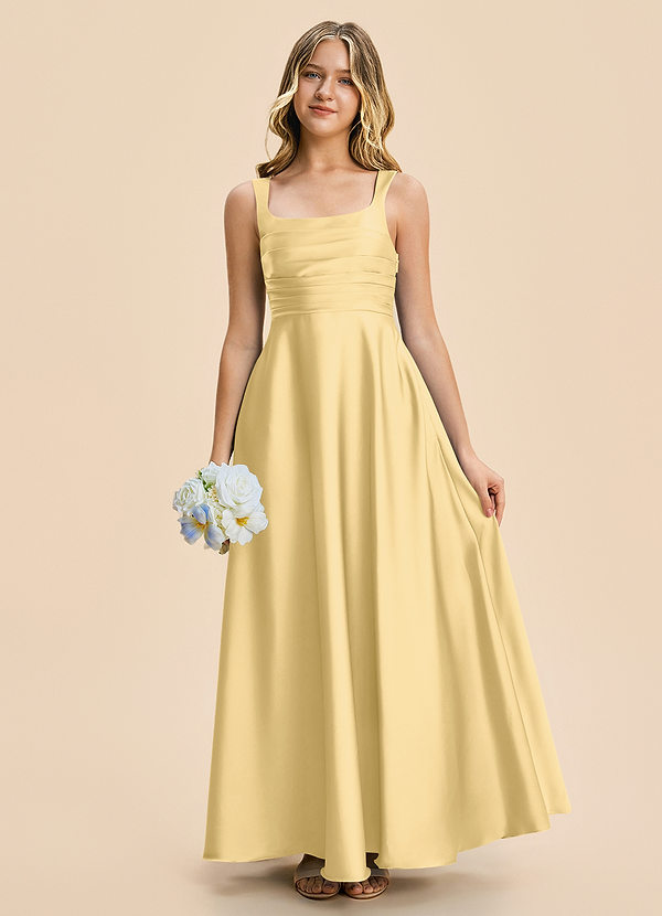 Azazie Azaria Junior A-Linie Plissee Stretch-Satin Kleid Butter image1