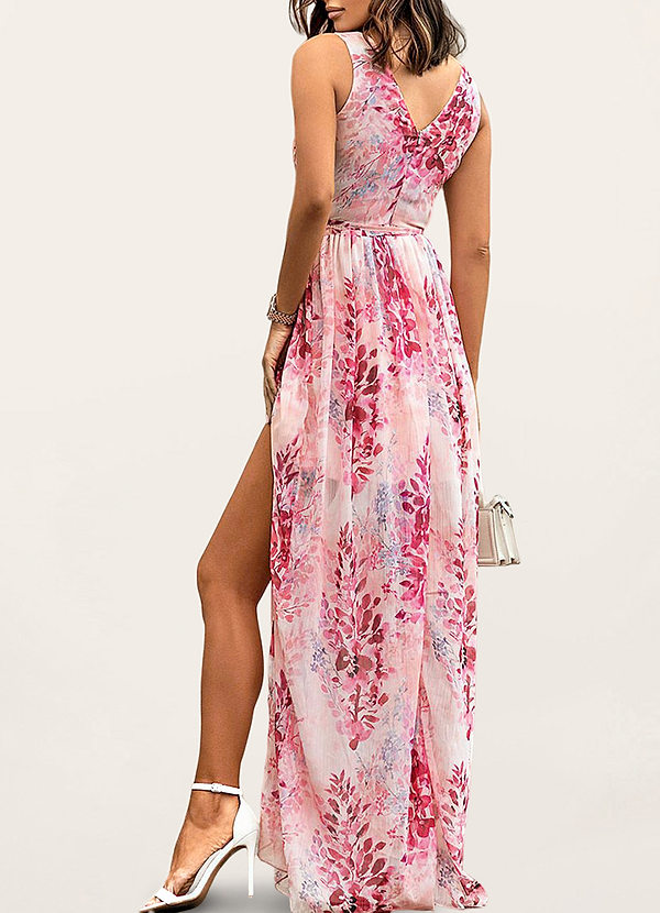 back Divine Allure Pink Floral Print Maxi Dress