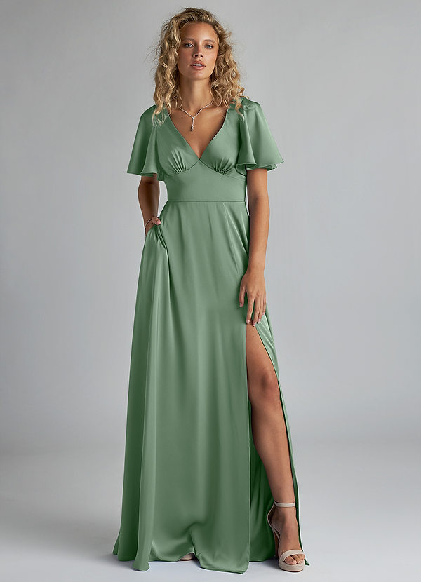 Azazie Kimber Bridesmaid Dresses Matcha A-Line Ruched Stretch Satin Dress image1