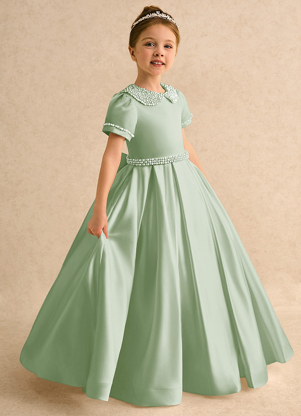 Azazie Gabriella Flower Girl Dresses Dusty Sage Ball-Gown with Sleeves Matte Satin Dress image1