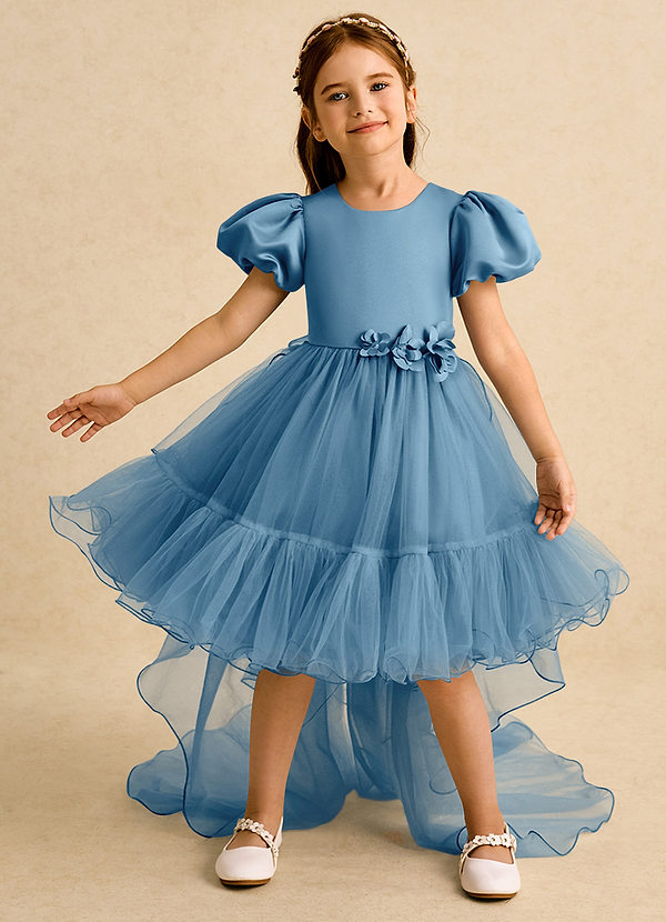 Azazie Cocoa Vestidos de Niña de Flores Vestido de Azul Acero de Tul de Princesa con Plisado image1
