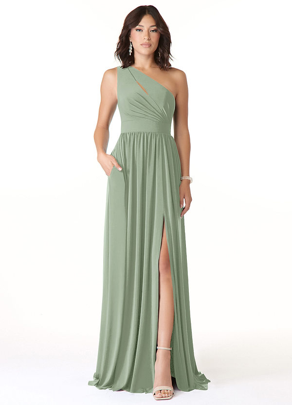 Azazie Jasna Bridesmaid Dresses Agave A-Line One Shoulder Luxe Knit Dress image1