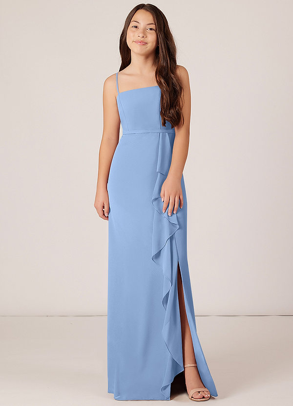 Azazie Kaylee Steel Blue A-Line with Belt Chiffon Dress image1
