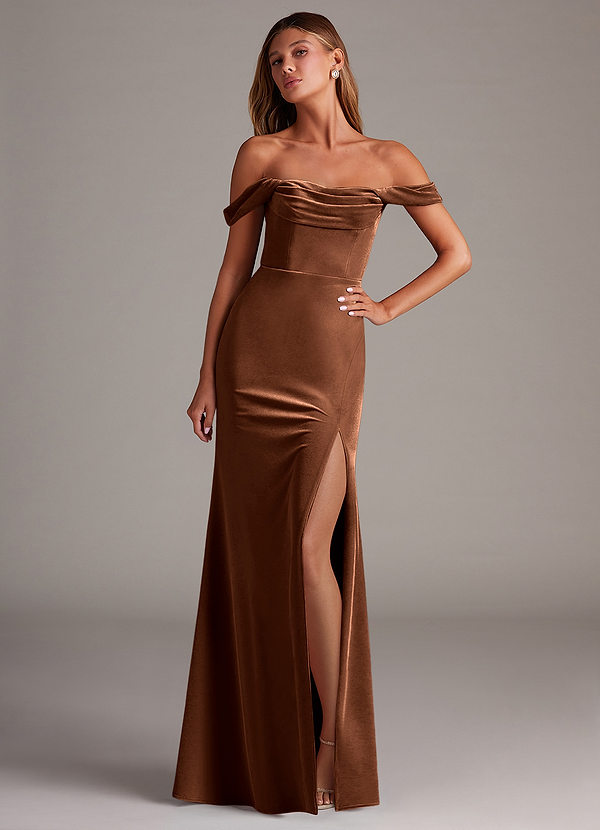 Azazie Saige Bridesmaid Dresses Umber Sheath Off the Shoulder Velvet Convertible Dress image1