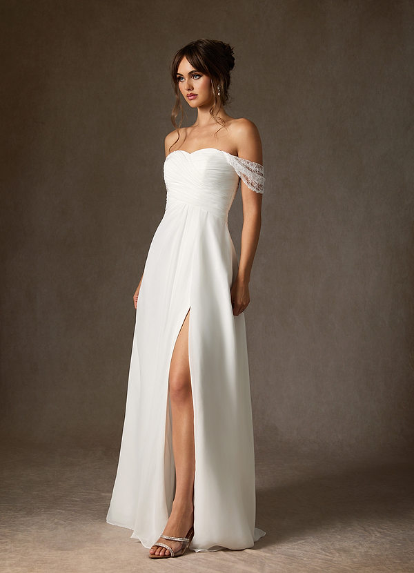 Azazie Zadie Diamond White A-Line Off the Shoulder Chiffon Dress Sample  Dress | Azazie