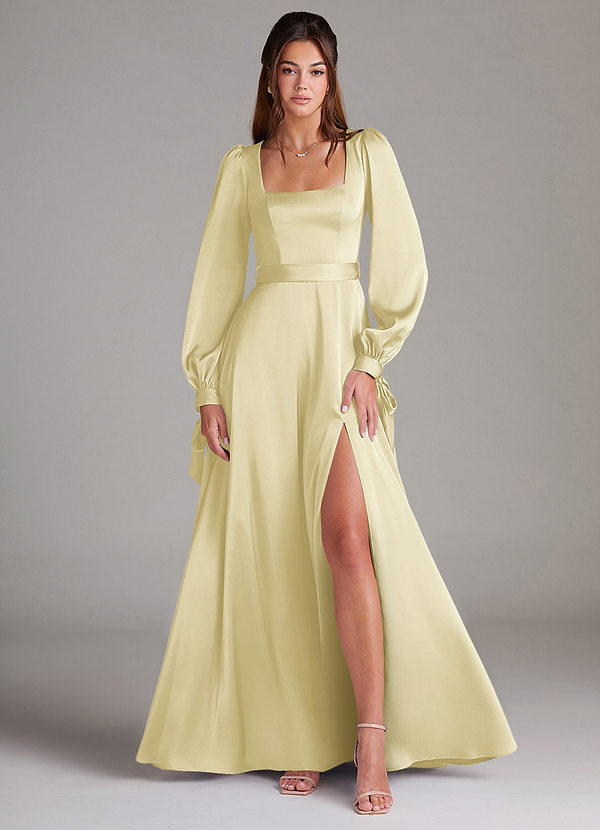 Azazie Leonia Abiti da Damigella Abito A-Line in Raso Elasticizzato Manica Lunga Sorbetto Al Limone image1