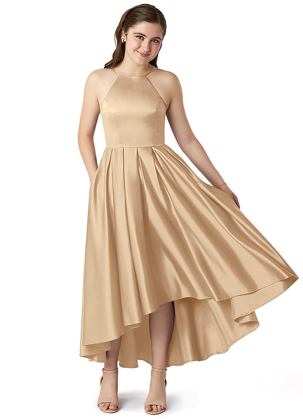 Azazie Jemima Junior Champagne A-Line with Pockets Stretch Satin Dress image1