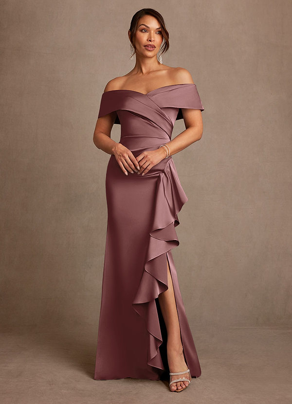 Azazie Kirsty Mother of the Brides Dresses Vintage Mauve Sheath Off the Shoulder Stretch Satin Dress image1