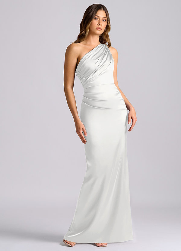 Azazie Akilah Bridesmaid Dresses White Mermaid One Shoulder Stretch Satin Dress image1