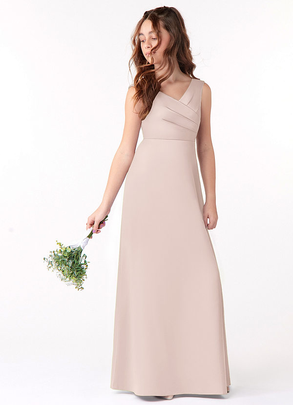 Azazie Sadia Junior Blushing Pink A-Line Pleated Stretch Satin Dress image1