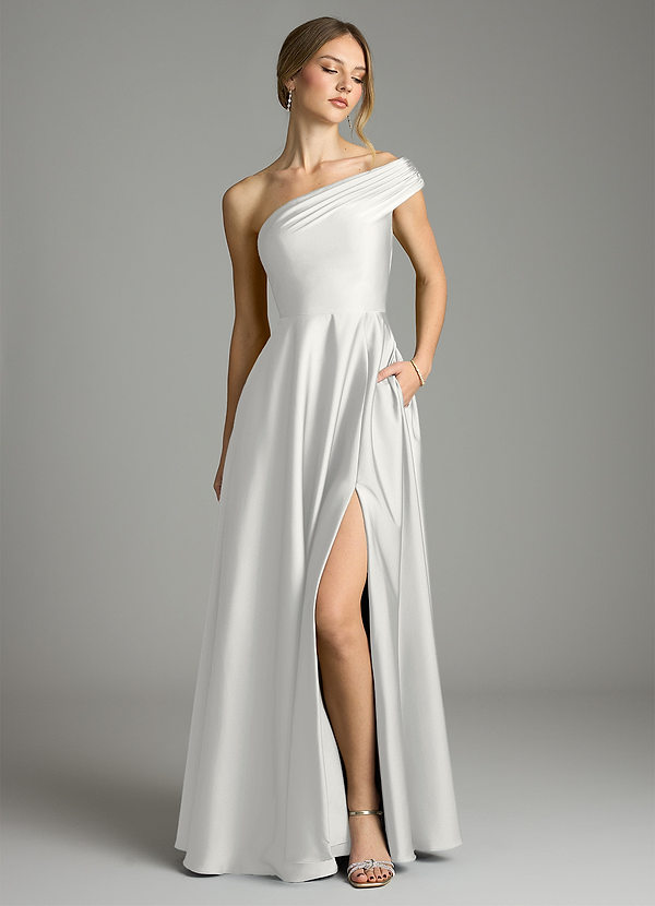 Azazie Melanie Vestidos Dama de Honor Vestido de Blanco de Satén Elástico de Corte en A con Vestidos sin tirantes image1