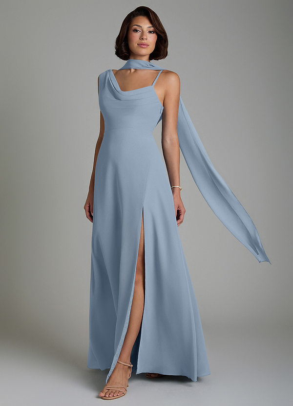 Azazie True Vestidos de dama de honor Vestido Azul Polvoriento de Gasa de Línea A con Plisado image1