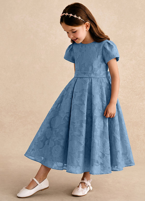 Azazie Princes Abiti da Damigella Bambina Abito A-Line in Burnout Floreale Plissettato Blu Acciaio image1
