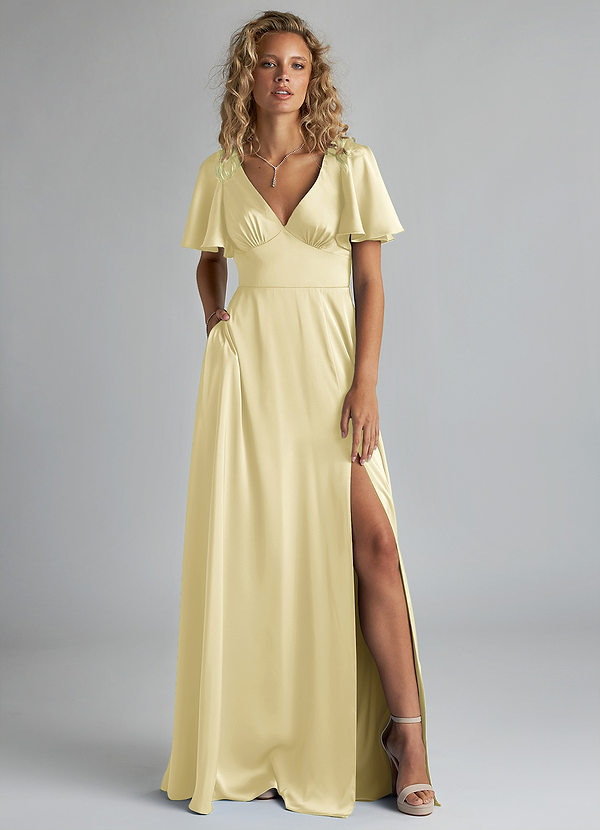 Azazie Kimber Bridesmaid Dresses Lemon Sorbet A-Line Ruched Stretch Satin Dress image1