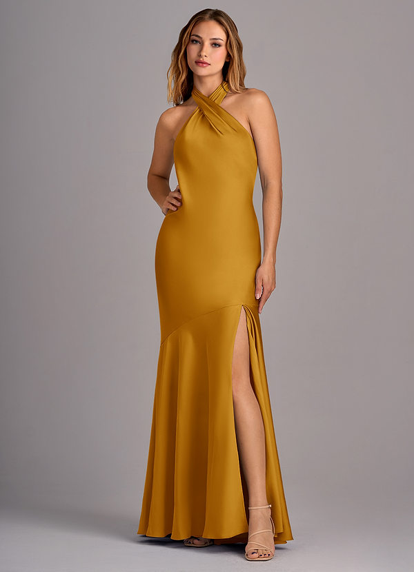 Azazie Lorena Bridesmaid Dresses Butterscotch Mermaid Pleated Stretch Satin Dress image1