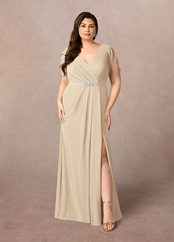Azazie Marianne Mother of the Brides Dresses Champagne Sheath V-Neck Pleated Chiffon Dress image1