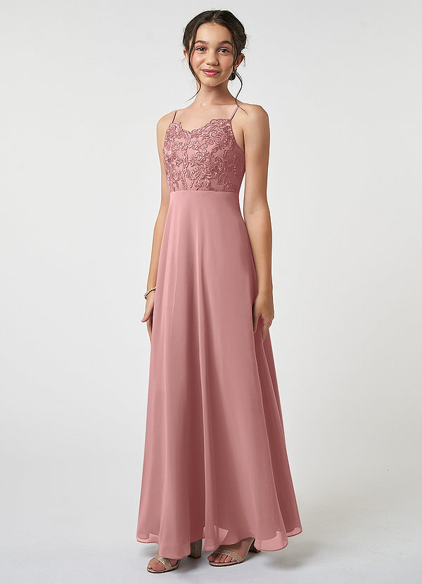 Azazie Sonya Junior Vestido de Rosa Polvorienta de Gasa de Corte En A con Encaje image1