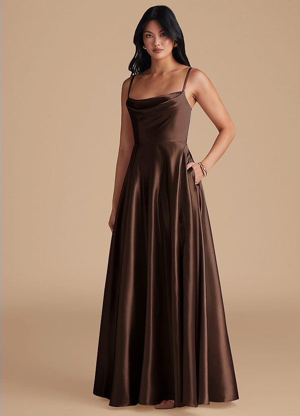 Azazie Elle Robes Demoiselle d'honneur Robe Trapèze en Satiné métallisé avec poches Ganache image1