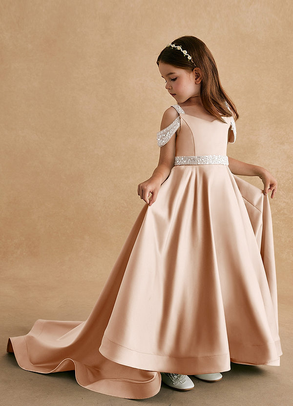 Azazie Jodi Robes de Fillette d'Honneur Robe Trapèze en Mat Satiné Rose Perle image1