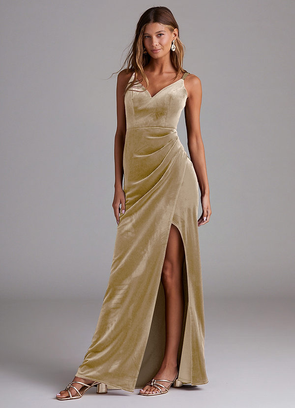 Azazie Leo Brautjungfernkleider Etui Plissee Samt Kleid Goldene Bräune image1