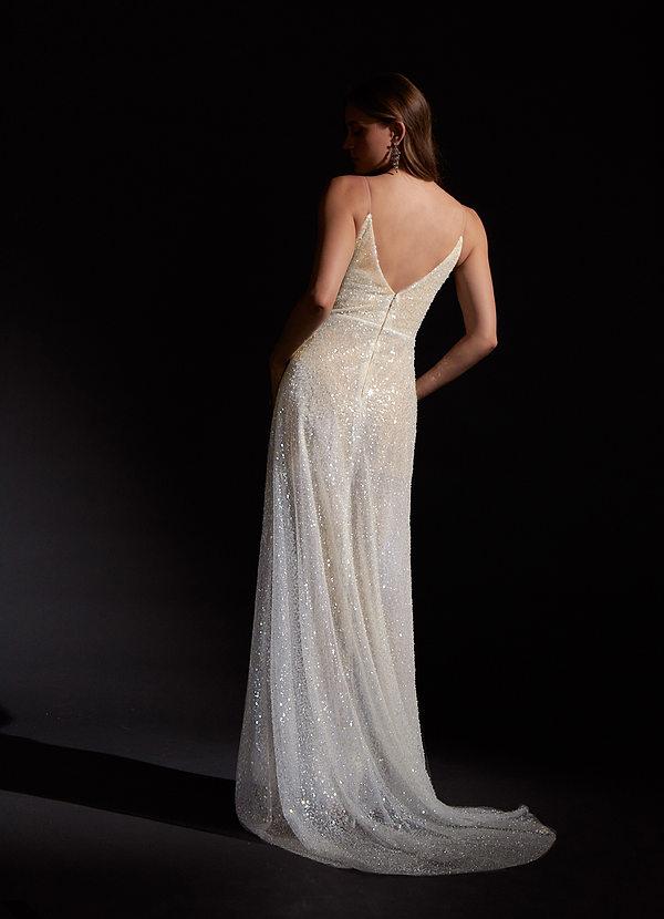 Azazie Idony Wedding Dresses A-Line V-Neck Sequins Sequins Court Train Dress image2