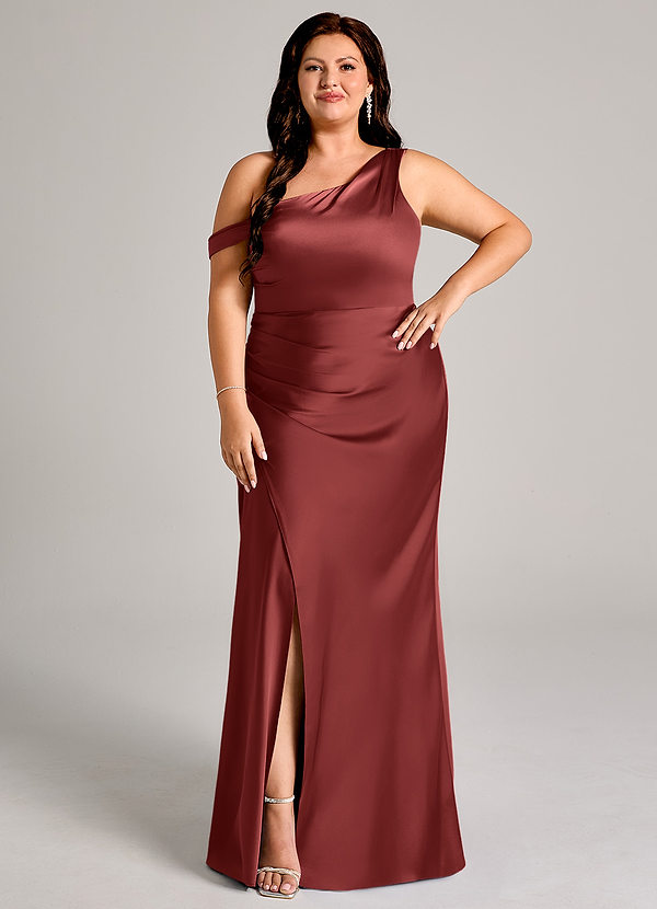 Azazie Madelyn Bridesmaid Dresses Terracotta Mermaid One Shoulder Stretch Satin Convertible Dress image1