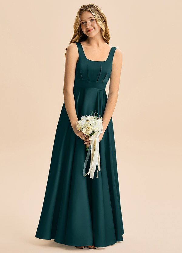 Azazie Gabby Junior Jurk van Stretch Satijn met A-Lijn Geplooid Pijnboom image1