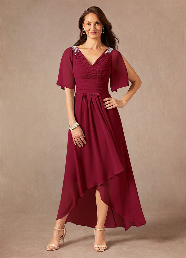 Azazie Pascual Robe Mère de la Mariée & du Marié Robe Trapèze en Mousseline de soie Plissée Bourgogne image1