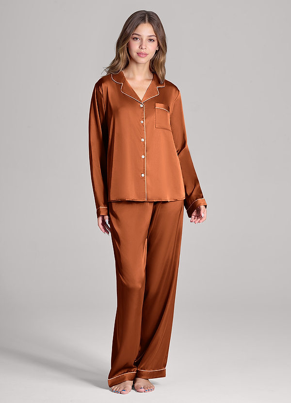 front Matching Color Long Sleeves and Pants Satin PJ Set