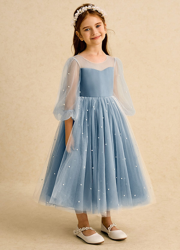 Azazie Trudy 플라워 걸 드레스 볼가운 스윗하트 네크라인 얇실버 명주 그물 티 길이 드레스 image1