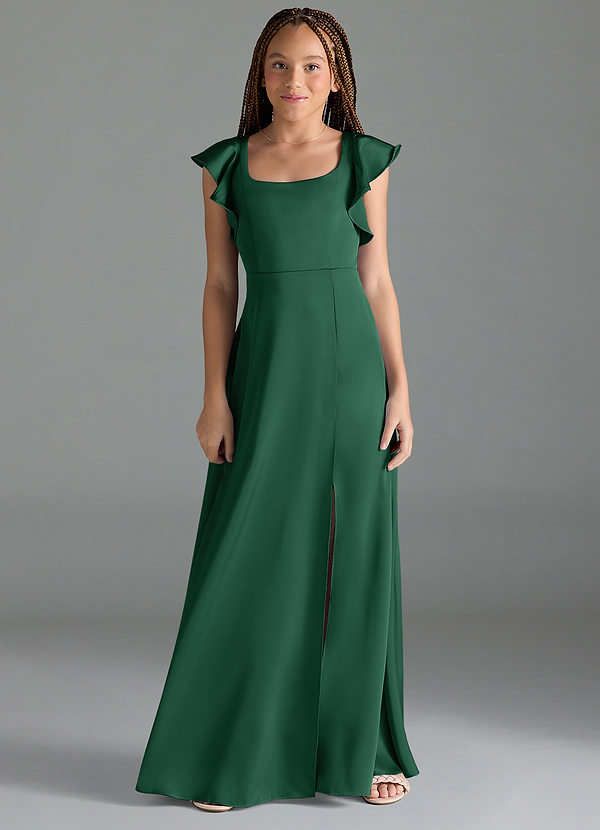 Azazie Bondi Junior Dark Green A-Line Side Slit Stretch Satin Dress image1