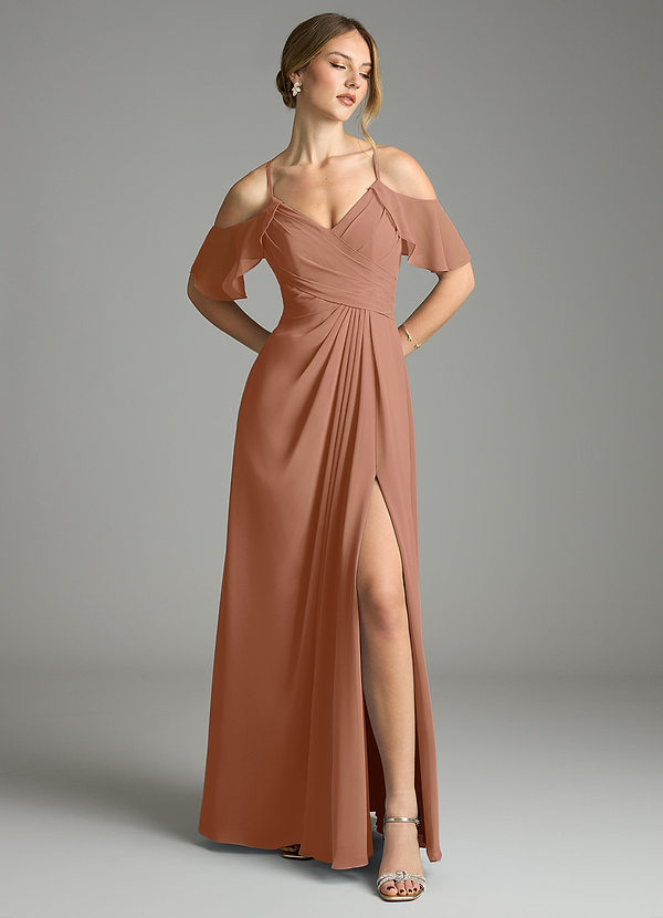 Azazie Dakota Bridesmaid Dresses Bronzer A-Line V-Neck Pleated Chiffon Dress image1
