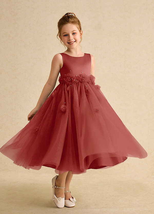 Azazie Lux Flower Girl Dresses Terracotta A-Line Beaded Tulle Dress image1