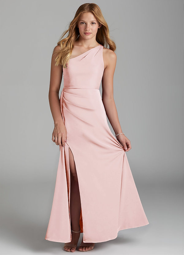 Azazie Maron Junior Blushing Pink A-Line Pleated Stretch Satin Dress image1